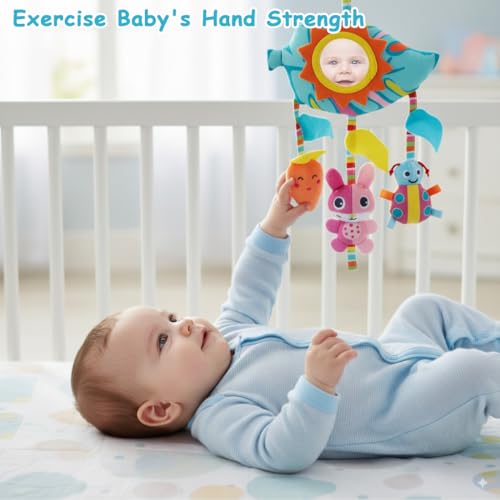 Image of SNOWIE SOFT Baby Toys for 6 to 12 Months Hanging Plush Cartoon Crib Toy with Mirror, Rattles and Stuffed Plush Toy Pendants, Soft Crib Stroller Car Seat Sensory Stuffed Toys New Born Baby Gifts