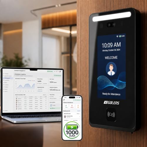Image of Golens Attendance Machine [NEW Launch] - Face, RFID Card & Password, Remote | Mobile App | Touch, Wi-Fi, Cloud TCP /IP, Web Socket & USB | Backup Battery | Office & Corporate Use | AM-02E