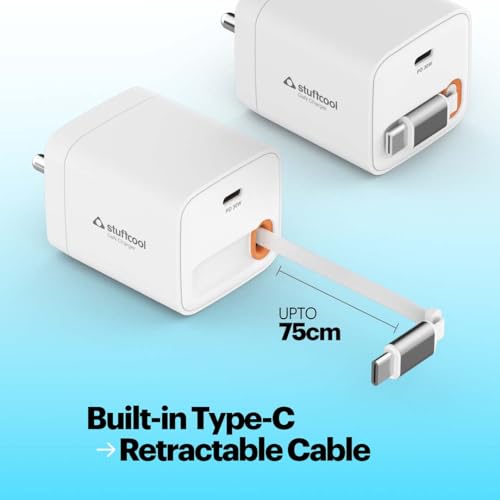 Image of Stuffcool Zeno 30W GaN Type C Fast Charger Retractable Cable 75cm PD PPS iPhone Pixel Samsung Super Fast Charging Made in India