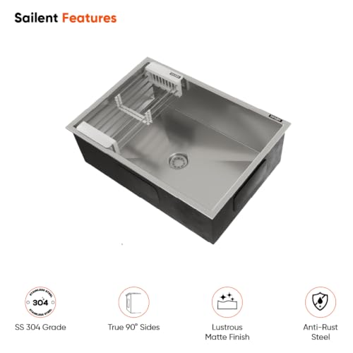 Image of Lorazzo Lustr Stainless Steel 304 Single BowlHandmade Kitchen Sink | 32 x 18 Inch | Deep Bowl | Silver Finish | Heavy-Duty Kitchen Sink | Includes Installation Kit