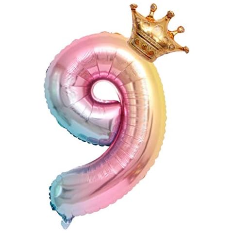 Number Balloon Pink with Crown, Giant Foil Balloon Number Balloon Decoration Birthday, Colourful Foil Number Balloons (Digital 9) Cover