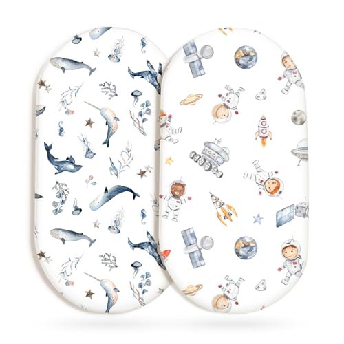 Image of GRSSDER Stretchy Ultra Soft Fitted Bassinet Sheet Set 2 Pack, Universal Fit for Bassinets Baby Cradle Moses Basket Oval Rectangle Mattress Safe and Snug, Sea Fish & Space Stylish Print