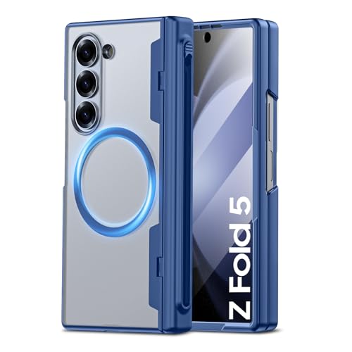 Image of Spugan for Samsung Galaxy Z Fold 5 Case, Compatible with MagSafe & S Pen Holder & Hinge Cover & Screen Protection, Slim Translucent Matte Magnetic Shockproof Phone Case for Galaxy Z Fold 5 (Blue)