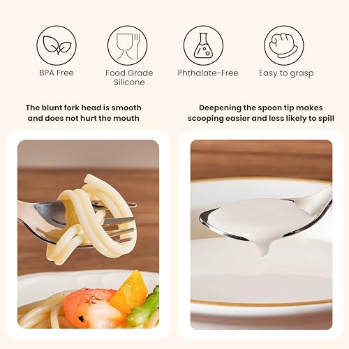 Image of Baby Spoon and Fork Set, Yellow Silicone Toddler Cutlery Set with Giraffe Grip, 2 Pc, Self Feeding Utensils for Baby Meals School and Travel, Mealtime Essential
