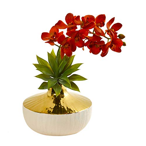 Nearly Natural Phalaenopsis - Jarrón Artificial de orquídea y Agave de Seda, Color Naranja