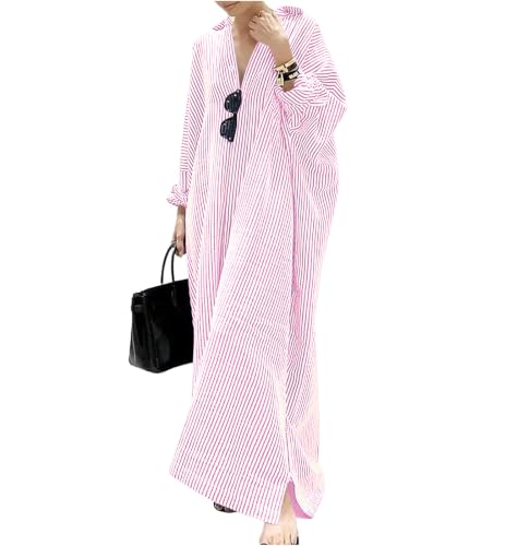 Image of ebossy Women's Oversized Boho Striped Shirt Dress Button Up Long Sleeve Flowy A Line Caftan Dress with Pockets