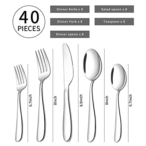 Image of 40 Piece Flatware Set for 8 Stainless Steel Silverware Set, Kitchen Cutlery Set Includes Spoon Fork Knife for Home Dishwasher Safe