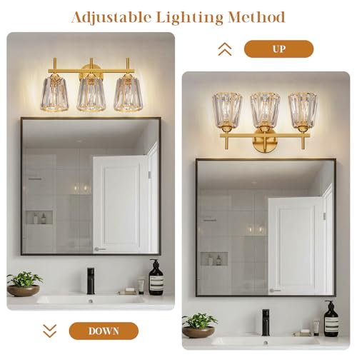 Image of Crystal Bathroom Light Fixtures Over Mirror, Gold 3-Light Bathroom Vanity Lights Over Mirror Modern Wall Lighting Sconces with Ceramic E26 Base (Bulbs Not Include)