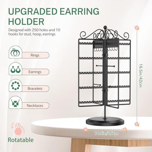 Image of MODOWEY Rotating Jewelry Holder Organizer Stand, 250 Hole and Groove Stud Dangle Earring Display Metal Rack, 10 Hook Necklace Tree for Bracelet Ring Storage, Compact Multi-Use Tower for Women, Black