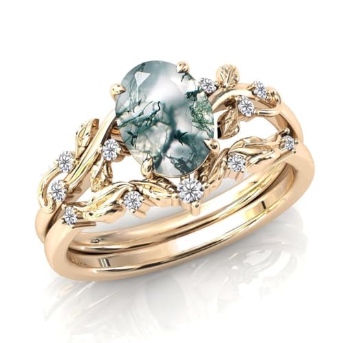 Natural Moss Agate Engagement Ring Set 925 Sterling Silver Rings for Her with Free Engraving Jewelry Gift for Women Moss Agate Vintage Ring Set Size 4-123