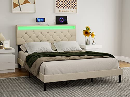 Ikifly Upholstered Full Size Headboard With Led Lights & 2 Usb Ports - Adjustable Height - Button Tufted Linen Fabric Padded Headboard, Easy Assembly, Full Headboard Only For Bedroom - Beige #TOP6