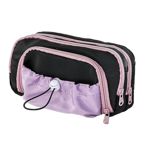 Image of Canvas School Bag Pencil Case, 3 Layer 6 Compartment Large Capacity, Aesthetic Pencil Pouch for Stationary, Cute Stationery for Kids, Pencil Case for Girls & Boys (Dori-Black+Purple)