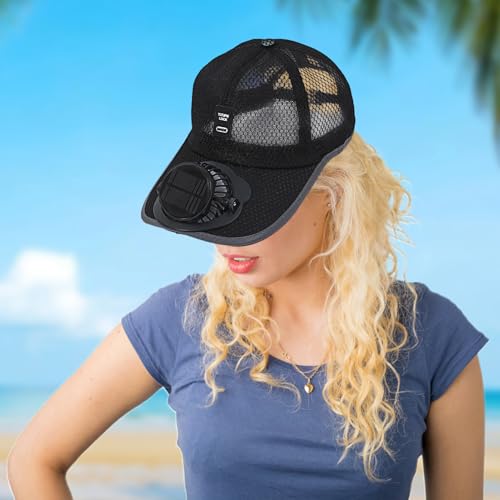 Baseball Cap with Solar Fan, Sun Fan Hat, Breathable Visor Hats with Fan, Sun Hat with Fan, Mesh Hat with UV Protection Summer Unisex, Black/White