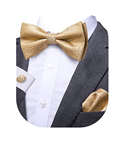 Dubulle Mens Gold Silk Bow Tie for Men Solid Gold Mens Bowtie Pre-tied and Pocket Square Cufflinks Set for Wedding Dubulle Mens Gold Silk Bow Tie for Men Solid Gold Mens Bowtie Pre-tied and Pocket Square Cufflinks Set for Wedding