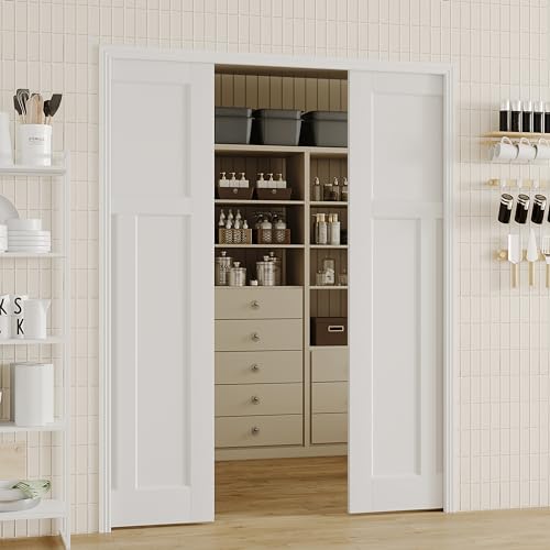Image of Sliding Pocket Door, 60in.(Double 30 in.) x 80 in, T-Shaped Core with Frame and Hardware Kit Set, Interior Doors for Pocket Door, White Primed - No Panel Assembly Required