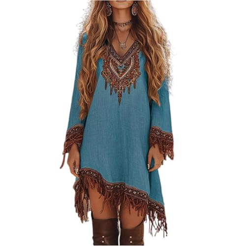 Women's Western Dress Floral Embroidered Fringe Tassel Cowgirl Outfits Irregular Hem Country Mini Flowy Dress