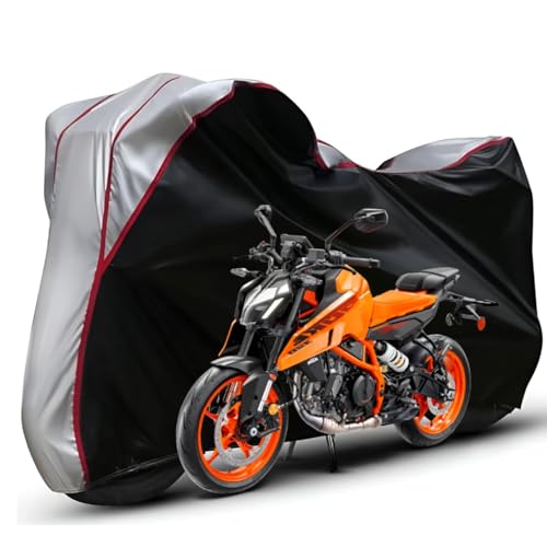 Image of Waterproof Bike Body Cover Compatible with KTM Duke Dustproof Scratchproof - Motorcycle Cover for Two Wheeler, Outdoor Full Cover with UV, Duty, Rain Protection (Black Top Silver) R1
