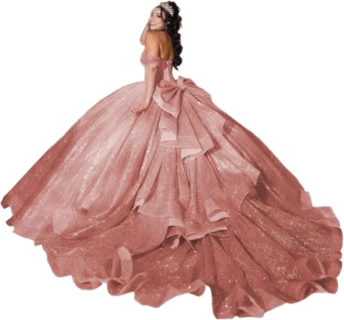 Yifanier Vestido de Quinceañera de Tul Brillante con Lazo y Hombros Descubiertos, Dulce 16 con Cola MT013