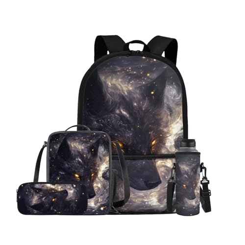 Galaxy Wolf Backpack for Boys Girls Backpack with Lunch Box Water Bottle Holder and Big Pencil Case 4Pcs Set 17