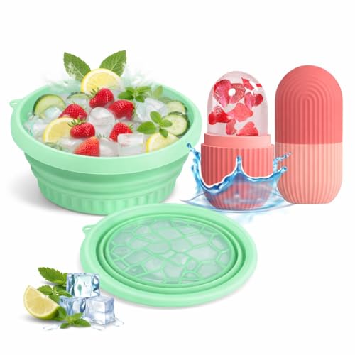 Image of Silicone Collapsible Face Ice Bowl with ice Roller Massager Combo for Cold Plunge Therapy, Pore Tightening & Acne Relief Reusable Portable Spa Tool for Home & Travel Pack 2 (Green Bowl + Ice Roller)