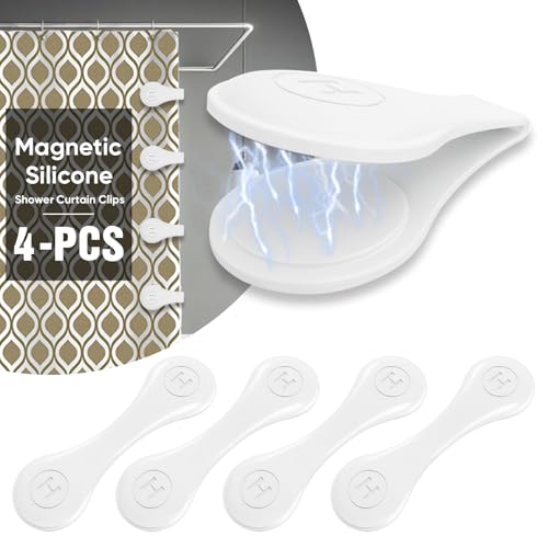 4 Pack Magnetic Silicone Shower Curtain Clips for Keeping Liner Closed to Wall Against Water Splashing Out Self Adhesive Windproof Splash Holder Easy to Use & Install No Damage to Surface (White)