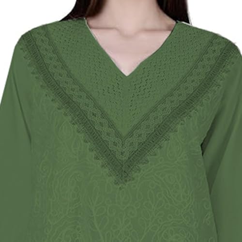 Image of Ukal Hand Embroidered Bige Top /Full Sleeves Cotton Tunic /Summer Short Ethnic Chikan Relaxed Fit Kurti /Boho Short Ethnic Dress for Women (in, Alpha, M, Green)