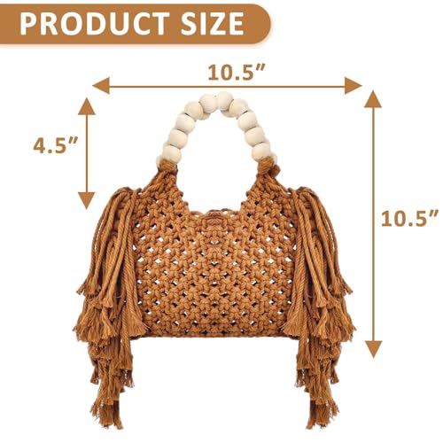 Bolsa tejida de algodón para mujer con asa de cuentas de madera miniatura 4