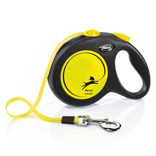 flexi® Neon L Gurt 5 m schwarz, Gurt in neon-gelb, Roll-Leine für Hunde bis 50 kg