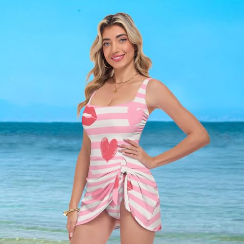 Vestido de baño para mujer de diseño estilizado con rayas y motivos de labios 7