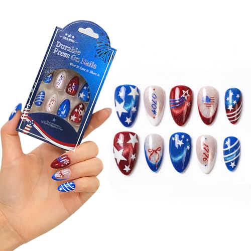 SKUPHI 4th of July Press On Nails Memorial Day Nails Almond Cat Eye Salon Quality Handmade Reusable Stick On False Nails 32 Nail Kit-16 Sizes