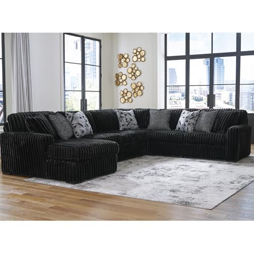 Image of Signature Design by Ashley 6-Piece U-Shape Sectional with Chaise, Black | Jumbo corduroy 100% polyester fabric, Platform foundation system, Living room use, 9 toss pillows, Midnight-Madness Series