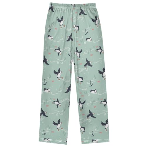 Boy's Pj Pants Lovely Doodle Birds Puffin Green Lounge Bottoms Elastic Waist Kids Joggers with Pockets Size 6-14 7