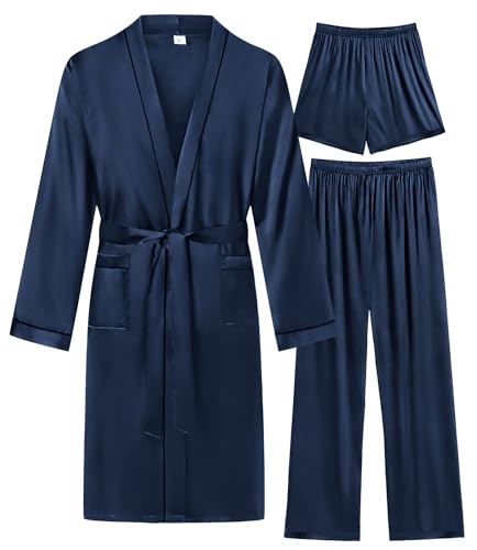 Image of SWOMOG Mens 3 PCS Satin Robe with Pants & Shorts Set Kimono Bathrobe Long Sleeve Sleepwear Pjs Sets with Pockets