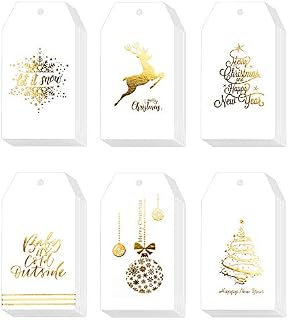 Whaline 120 Pcs Christmas Gold Foil Paper Gift Tags Holiday Hang Name Tags Label with Twine for DIY Xmas Present Happy New Year Party Decoration