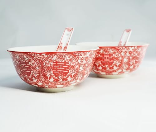 Image of Liang baobao Chinese Wedding Tea Gift Set Gaiwan Bowl Spoon Porcelain Tableware Double Happiness for Men Women Couple Wedding Party (6 /Set Paper-cut double happiness)