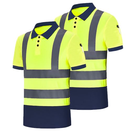 AK A-KSAFETY High Visibility Short Sleeve Safety Polo Shirt with Reflective Stripes - Yellow&Black, Sizes Small to 4XL, Pack of 2
