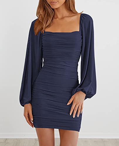 Image of MEROKEETY Women Square Neck Lantern Long Sleeve Mesh Ruched Bodycon Clubwear Mini Dress