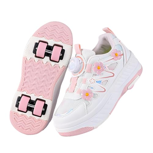 LIWLLIUA Schuhe mit Rollen für Kinder 2-in-1 Rollschuhe für Jungen Mädchen, Turnschuhe mit 4 versenkbaren Rollen, verstellbare Outdoor-Skate- und Sneakerschuhe,9933 pink,38 EU
