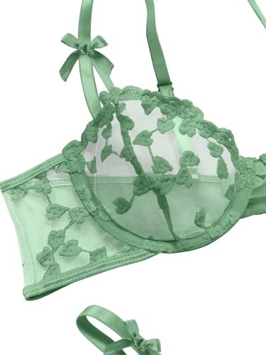 Image of Lilosy Sexy Underwire Cute Push Up Strappy Embroidered Mesh Sheer Lingerie Set See Through Panty Bra