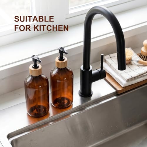 Image of KASUNTING Amber Soap Dispenser Plastic, Brown Dish Soap Dispenser with Bamboo Pump for Kitchen,17 Fl Oz Hand and Dish Dispenser Set for Bathroom, Farmhouse Liquid Soap and Lotion Dispensers Bottle