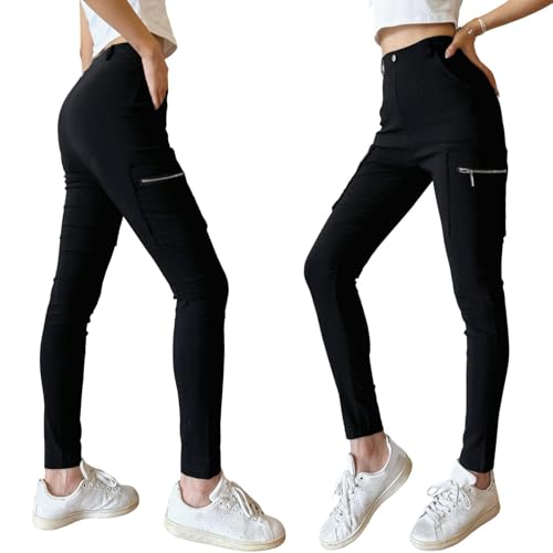 Nuofengkudu Slim Fit Damen Cargohose Zip Taschen High Waist Leggings Stretch Figurbetont Arbeitshose Pull On Tapered Hose Skinny Combat Cargo Pants Belt Loops Gothic Streetwear Alltag Schwarz M
