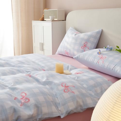 Image of Plaid Duvet Cover Full Size Blue Gingham Pink Bow Bedding Set Grid Checkered Soft Breathable Microfiber Reversible Comforter Cover with Zipper Closure and 2 Pillowcases