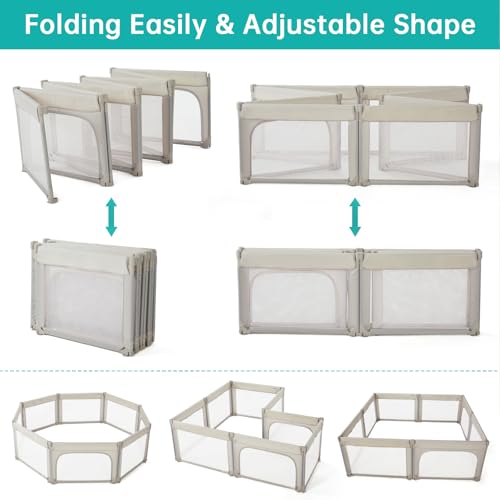 Image of Doradotey 8-Panel Foldable Baby Playpen for Toddlers 1-3, Adjustable Shape Large 59 inchx71 inch Indoor Playard, No Tools Assembly, 360 Breathable Mesh, Separate Washable Panels Safety Fence,Beige