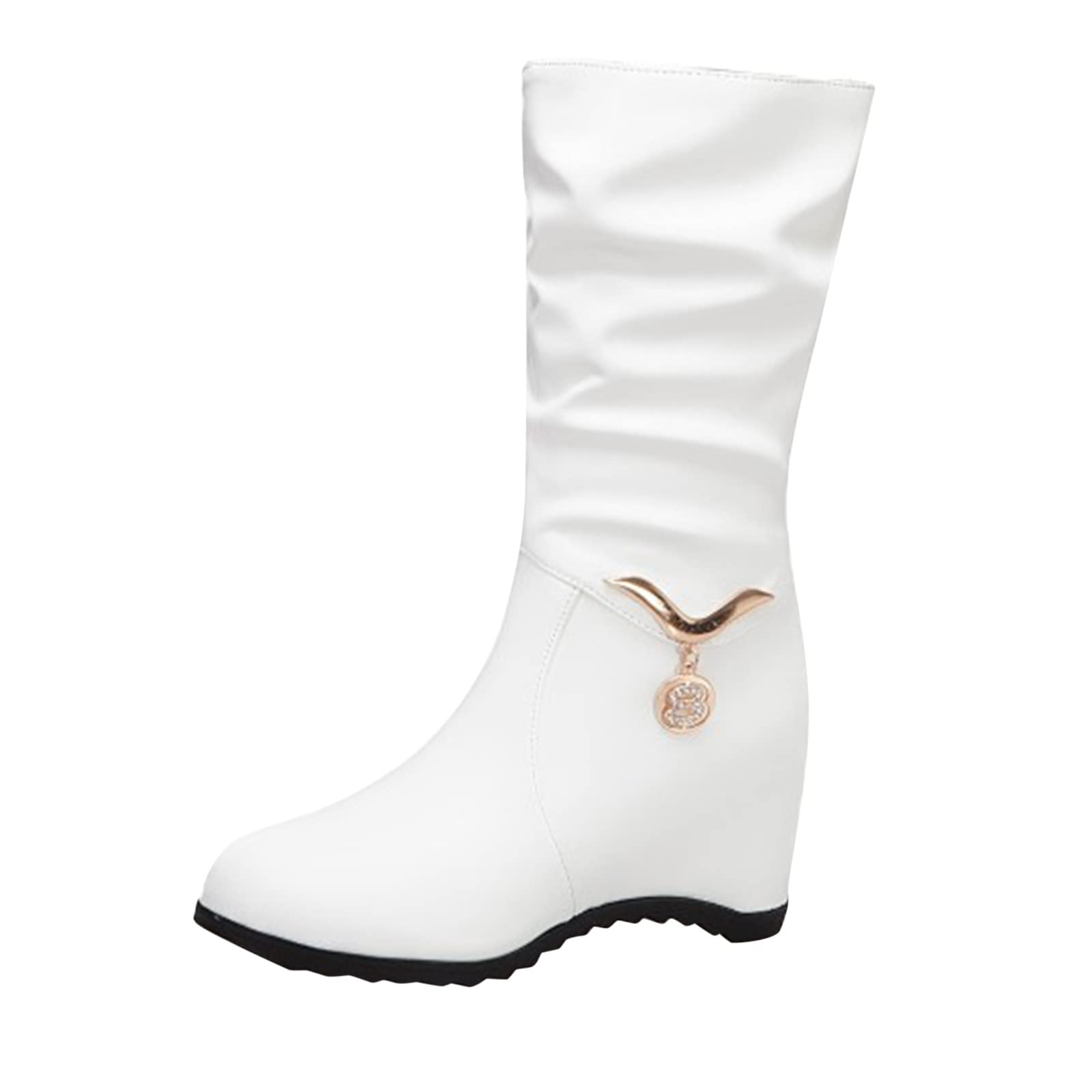 Ladies Fashion Solid Color Leather Surface Metal Decoration Inner Heightening Medium Boots Flat Thigh High Boots for Women Wide Calf