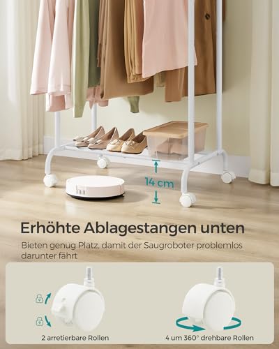 SONGMICS Kleiderständer auf Rollen, doppelte Stangen, ausziehbare Kleiderstangen, Garderobenständer aus Stahlrohren, bis 80 kg belastbar, 83-120 cm breit, wolkenweiß HSR133W01