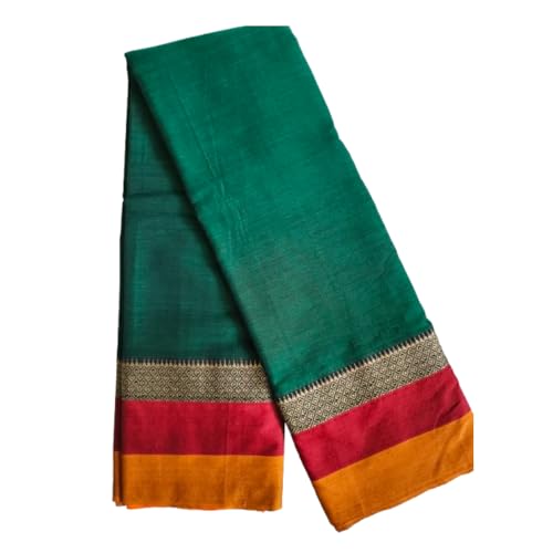 Image of Narayanpet Cotton Saree for Women | Green Plain Body with Contrast Red & Mustard Pallu | Traditional Border South Indian Handloom | Festive & Office Wear | Premium Ethnic Drape