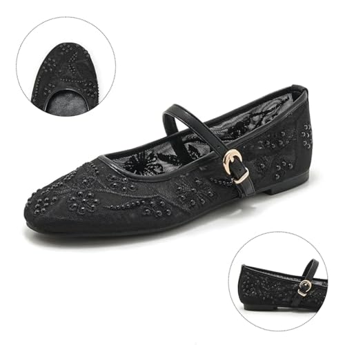 Image of Mesh Ballet Flats for Women Embroidered Floral Mary Jane Flats Round Toe Slip On Ballerina Shoes Comfortable Casual Daily Dress Flat Shoes