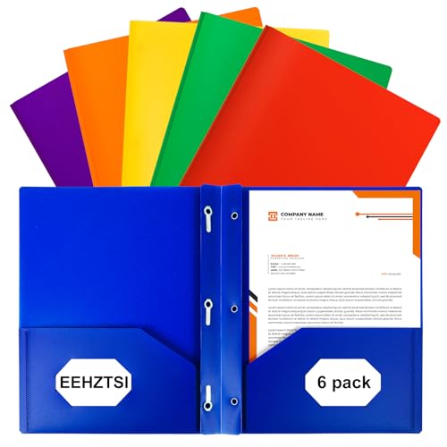 EEHZTSI 6-Pack Plastic Folders with Pockets and Prongs 2-Pocket Folders with 3 Fasteners Holds 8-1/2 x 11 Paper for School/Office/Home Assorted