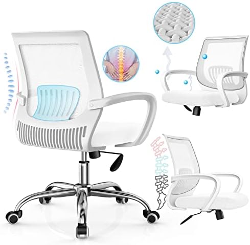 PPW All in White Office Chairs,White Desk Chairs with Lumbar Support + White armrests Mesh Chair can Lift and 360°Swivel, Made of Silver Aluminum Legs,Computer Chair