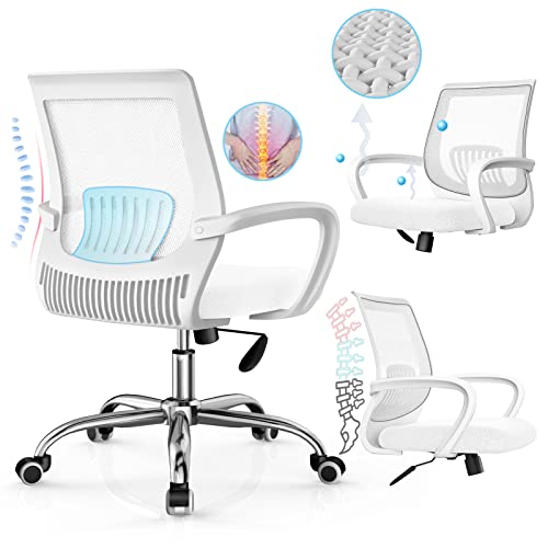 Ppw All In White Office Chairs,White Desk Chairs With Lumbar Support + White Armrests Mesh Chair Can Lift And 360°Swivel, Made Of Silver Aluminum Legs,Computer Chair #TOP2